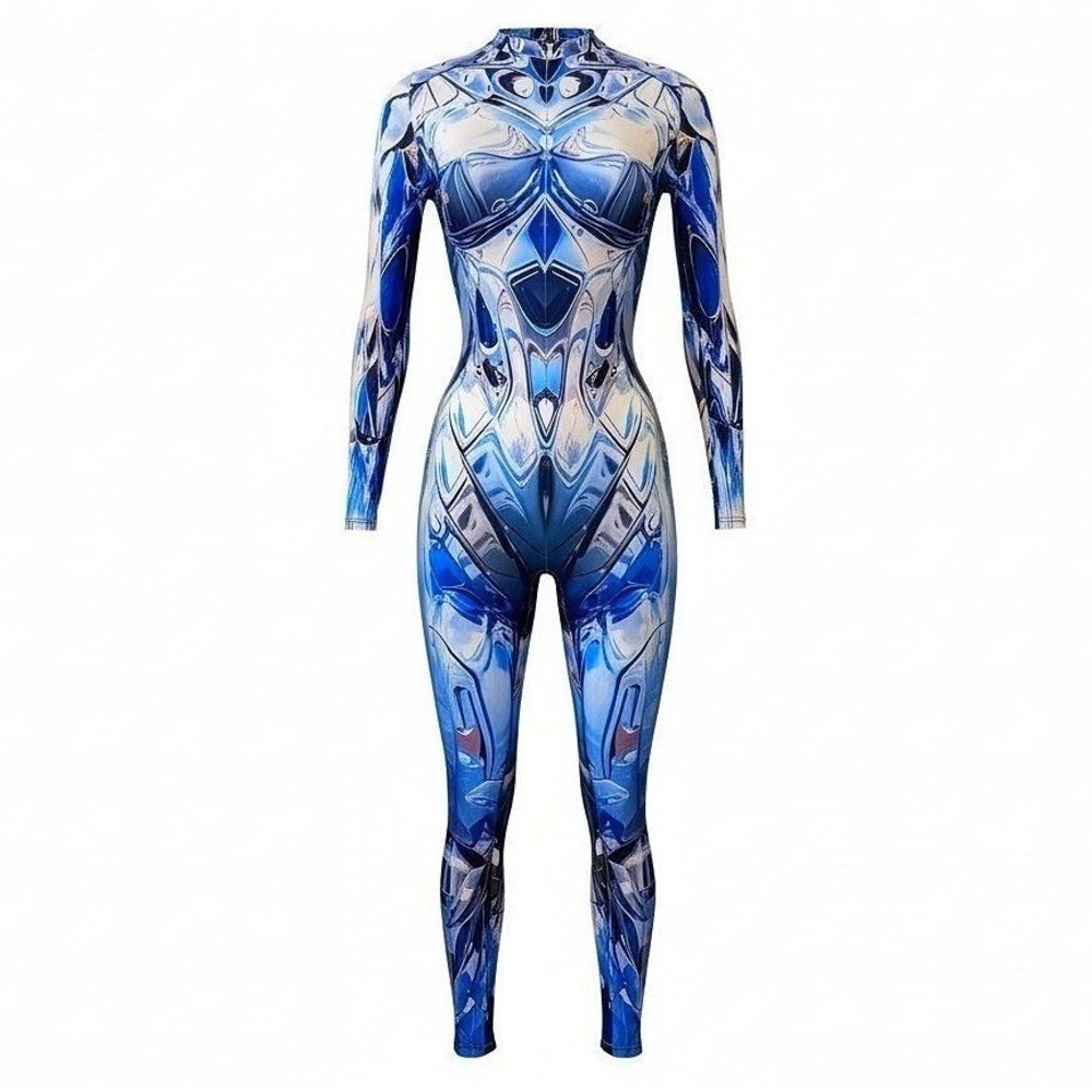 New Medium Mirror Spandex Jumpsuit Catsuit Rave Illusion Blue Metallic Future